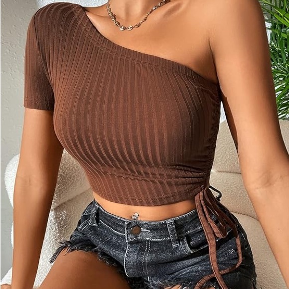 Women's One-Shoulder Crop Tops Rib Knit - Picture 3 of 5